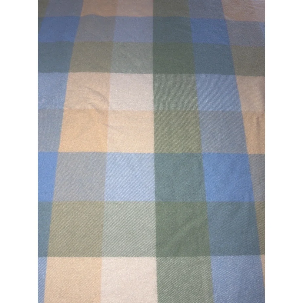 LL Bean Wool Blanket King Plaid Check Whipstitch Hem Blue Green Cream Lodge Camp